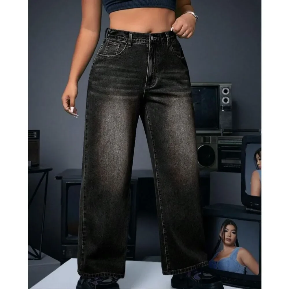 New SHEIN CURVE BLACK WIDE LEG JEANS 1x - Picture 6 of 9